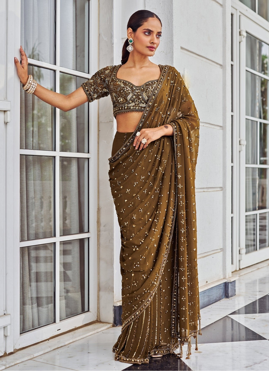 Copper Sequinned Georgette Predraped Saree Set Nidhika Shekar - Fabilicious Fashion