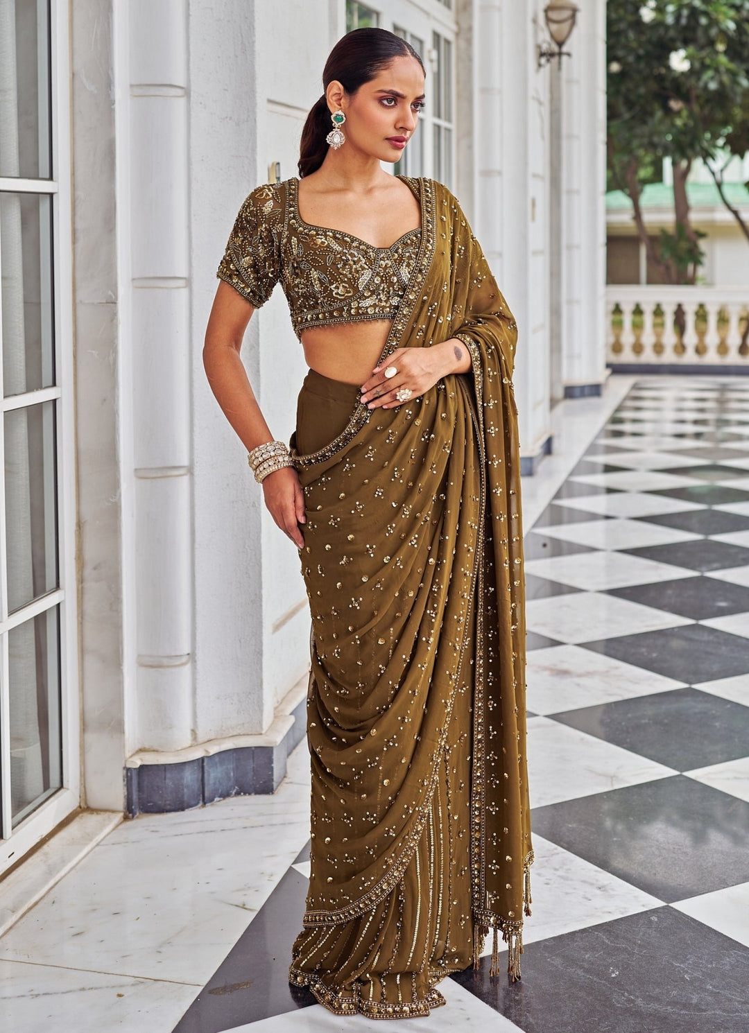 Copper Sequinned Georgette Predraped Saree Set Nidhika Shekar - Fabilicious Fashion