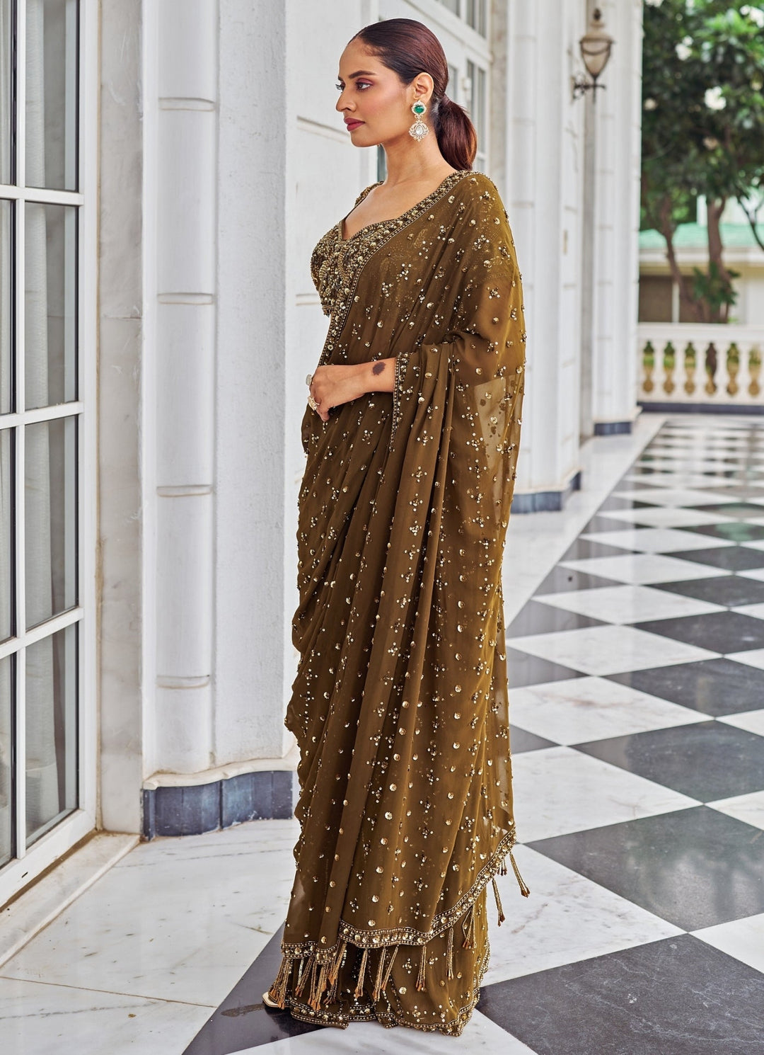Copper Sequinned Georgette Predraped Saree Set Nidhika Shekar - Fabilicious Fashion