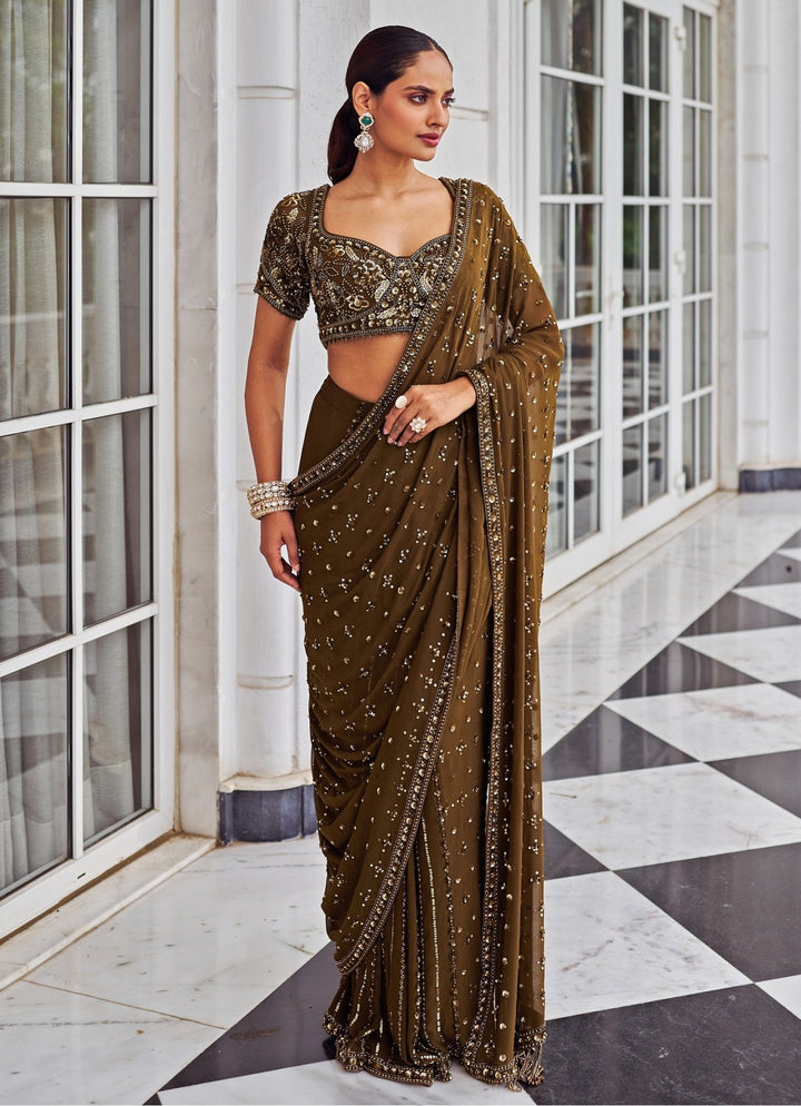 Copper Sequinned Georgette Predraped Saree Set Nidhika Shekar - Fabilicious Fashion