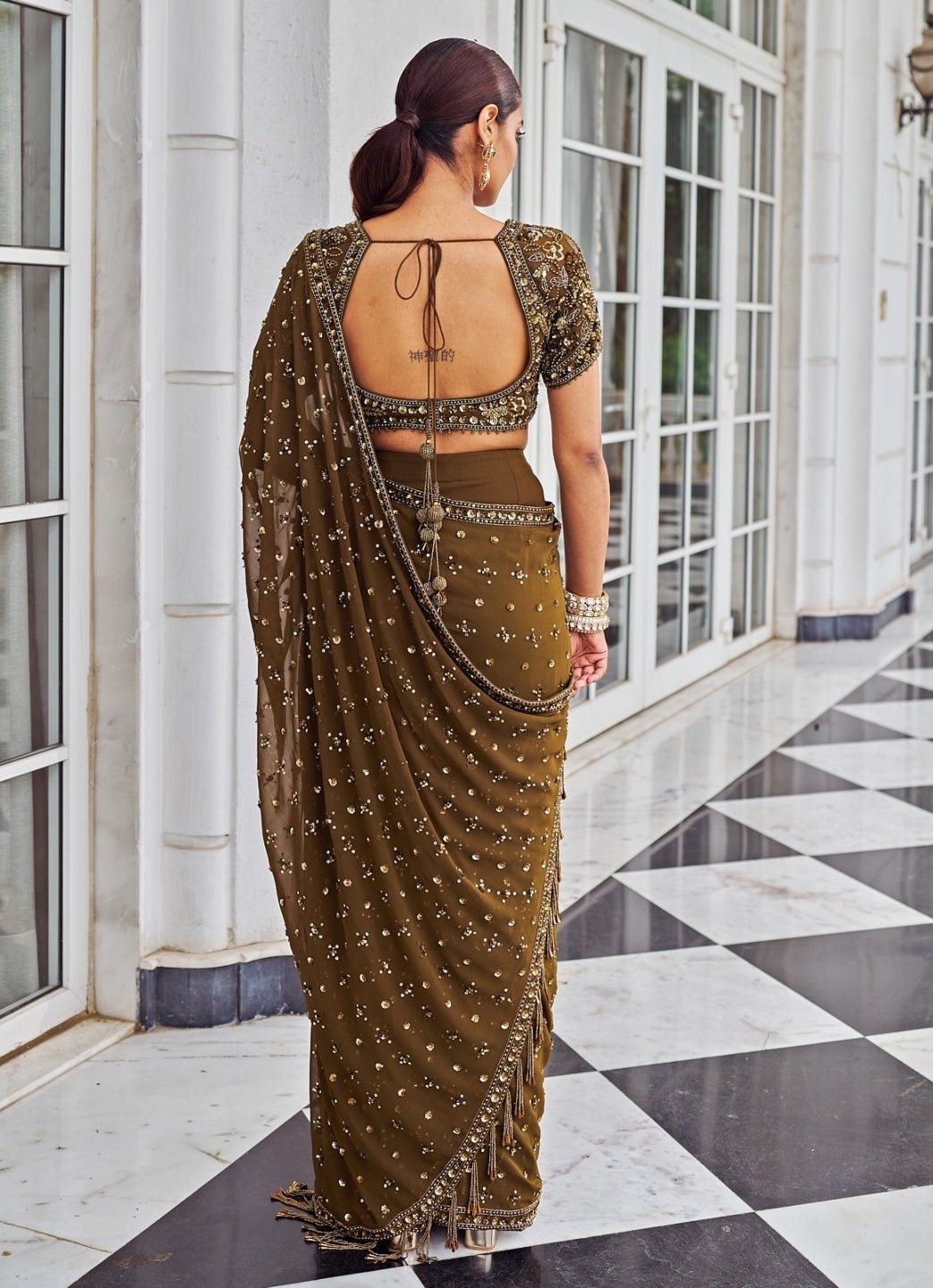Copper Sequinned Georgette Predraped Saree Set Nidhika Shekar - Fabilicious Fashion