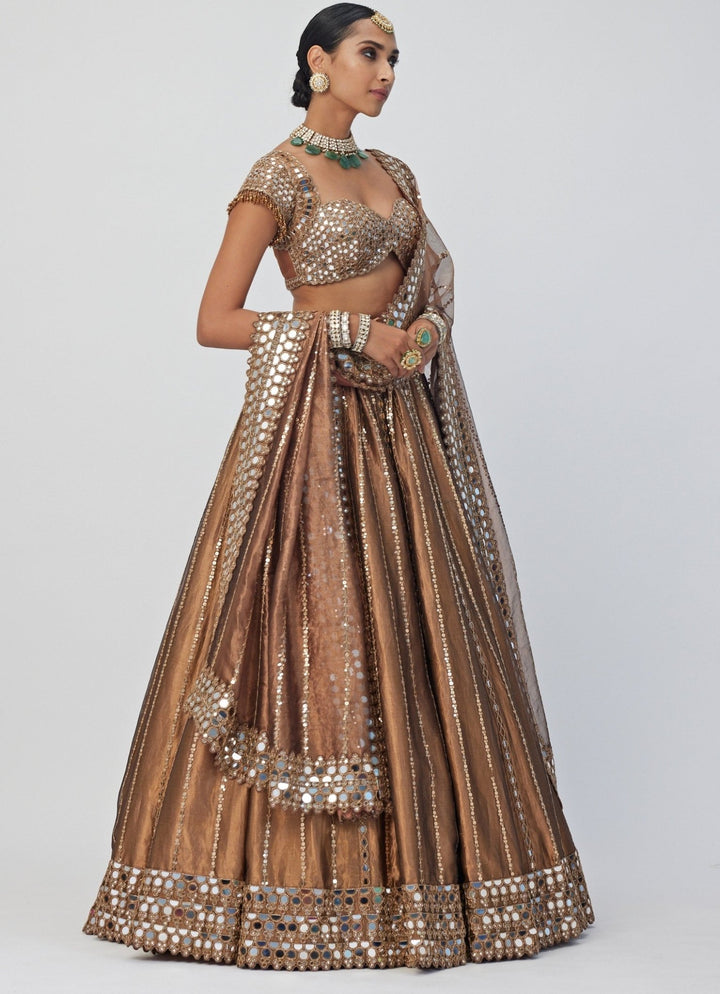Copper Shimmer Linear Mirror Embroidered Organza Lehenga Set Vvani By Vani Vats - Fabilicious Fashion