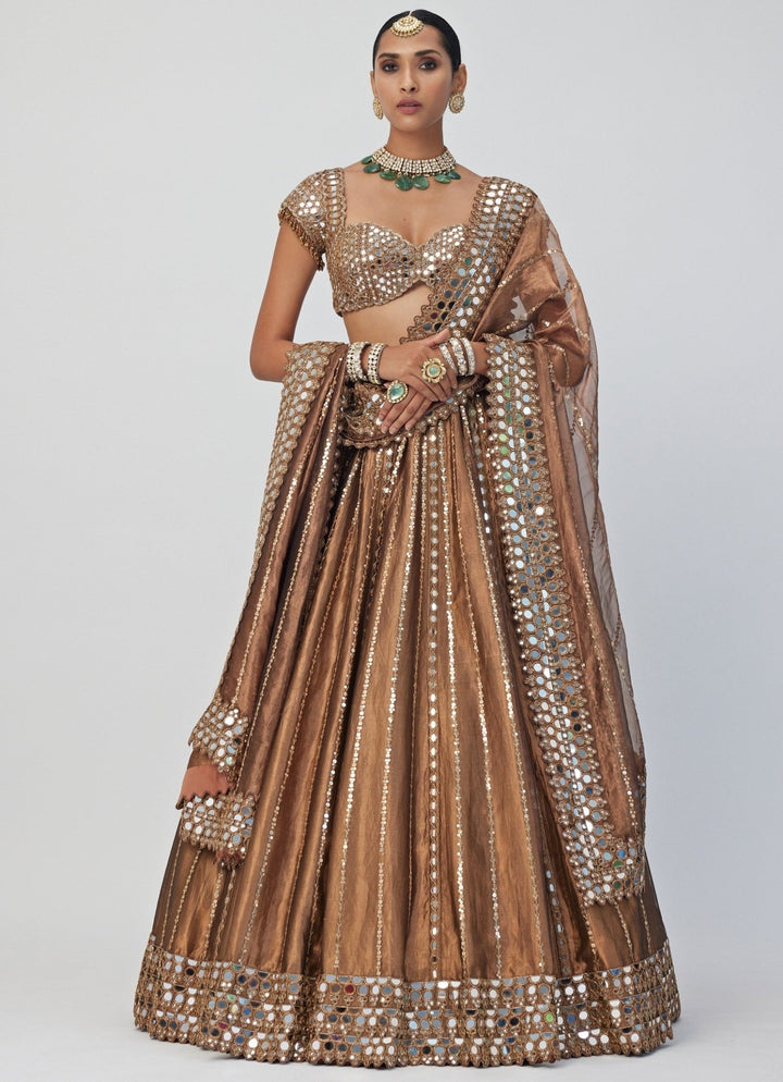 Copper Shimmer Linear Mirror Embroidered Organza Lehenga Set Vvani By Vani Vats - Fabilicious Fashion