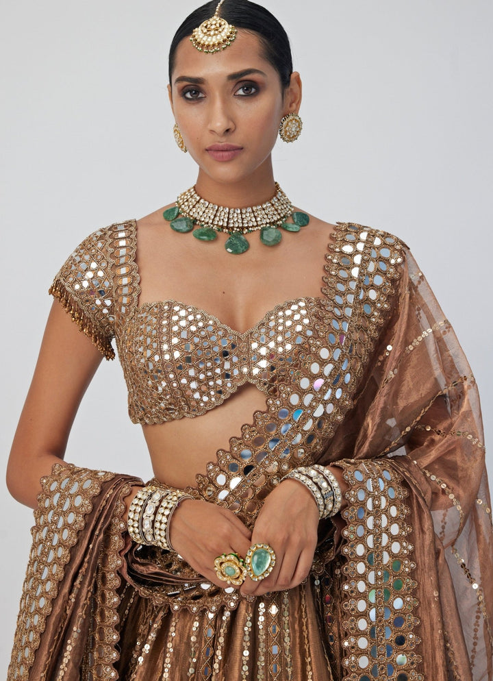 Copper Shimmer Linear Mirror Embroidered Organza Lehenga Set Vvani By Vani Vats - Fabilicious Fashion