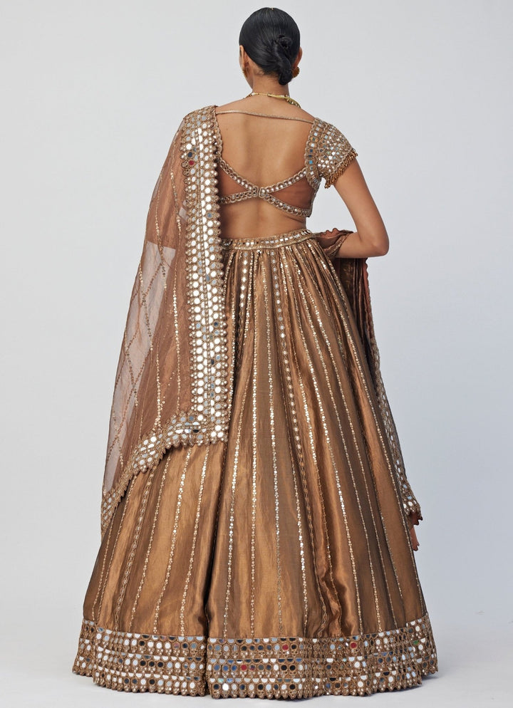 Copper Shimmer Linear Mirror Embroidered Organza Lehenga Set Vvani By Vani Vats - Fabilicious Fashion