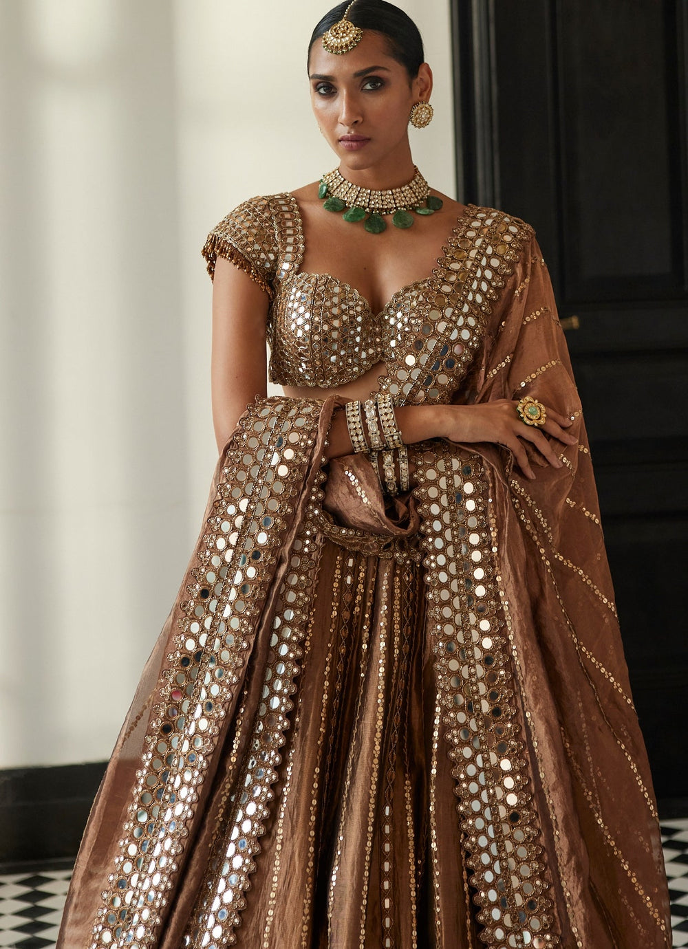 Copper Shimmer Linear Mirror Embroidered Organza Lehenga Set Vvani By Vani Vats - Fabilicious Fashion