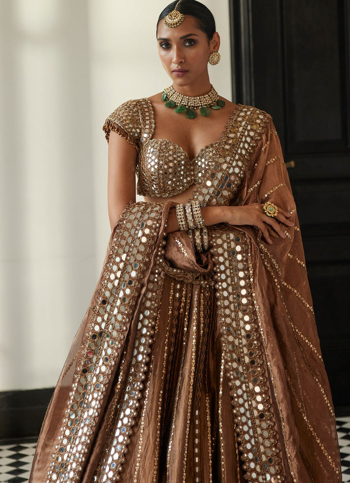 Copper Shimmer Linear Mirror Embroidered Organza Lehenga Set Vvani By Vani Vats - Fabilicious Fashion