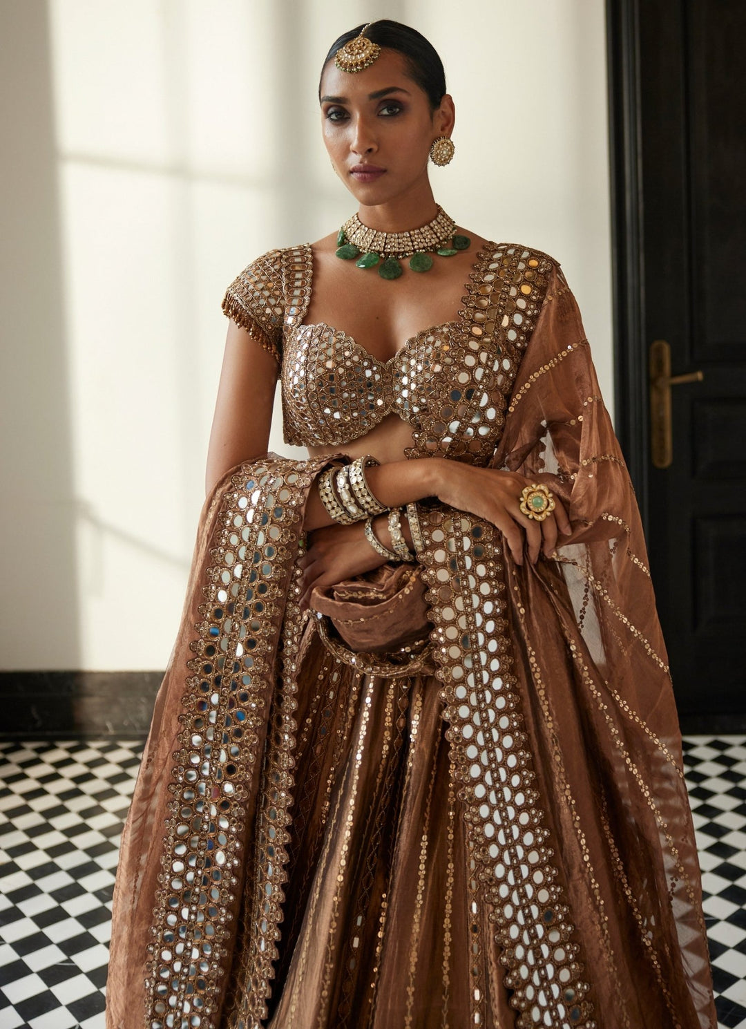 Copper Shimmer Linear Mirror Embroidered Organza Lehenga Set Vvani By Vani Vats - Fabilicious Fashion
