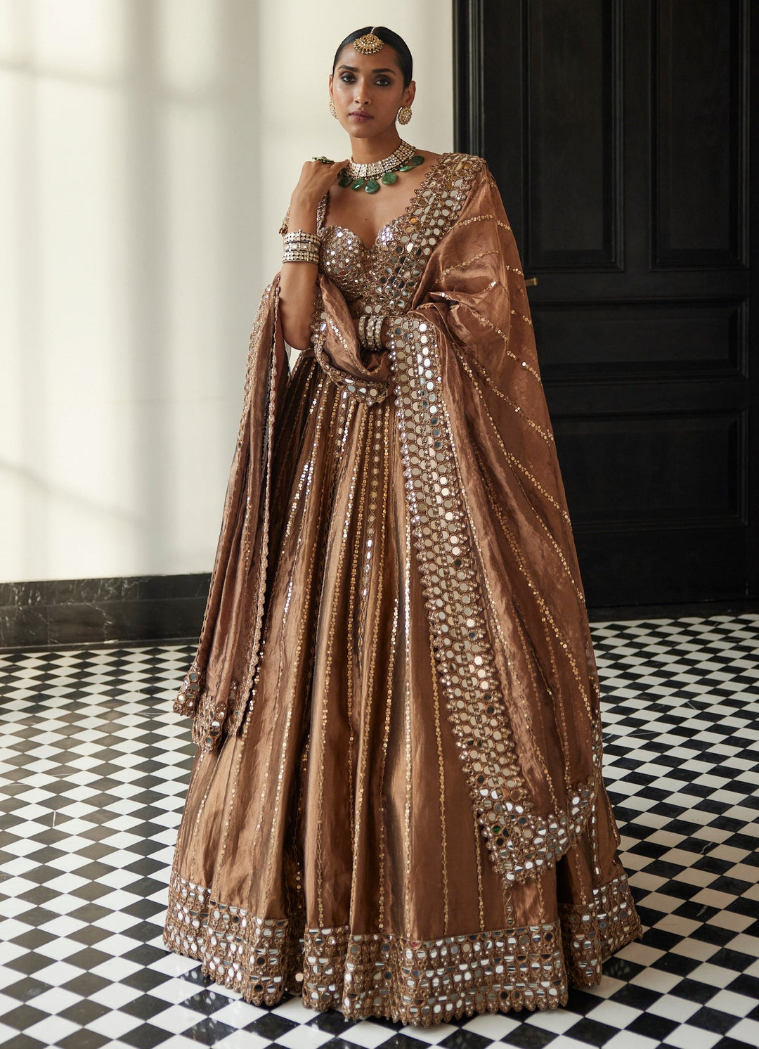 Copper Shimmer Linear Mirror Embroidered Organza Lehenga Set Vvani By Vani Vats - Fabilicious Fashion
