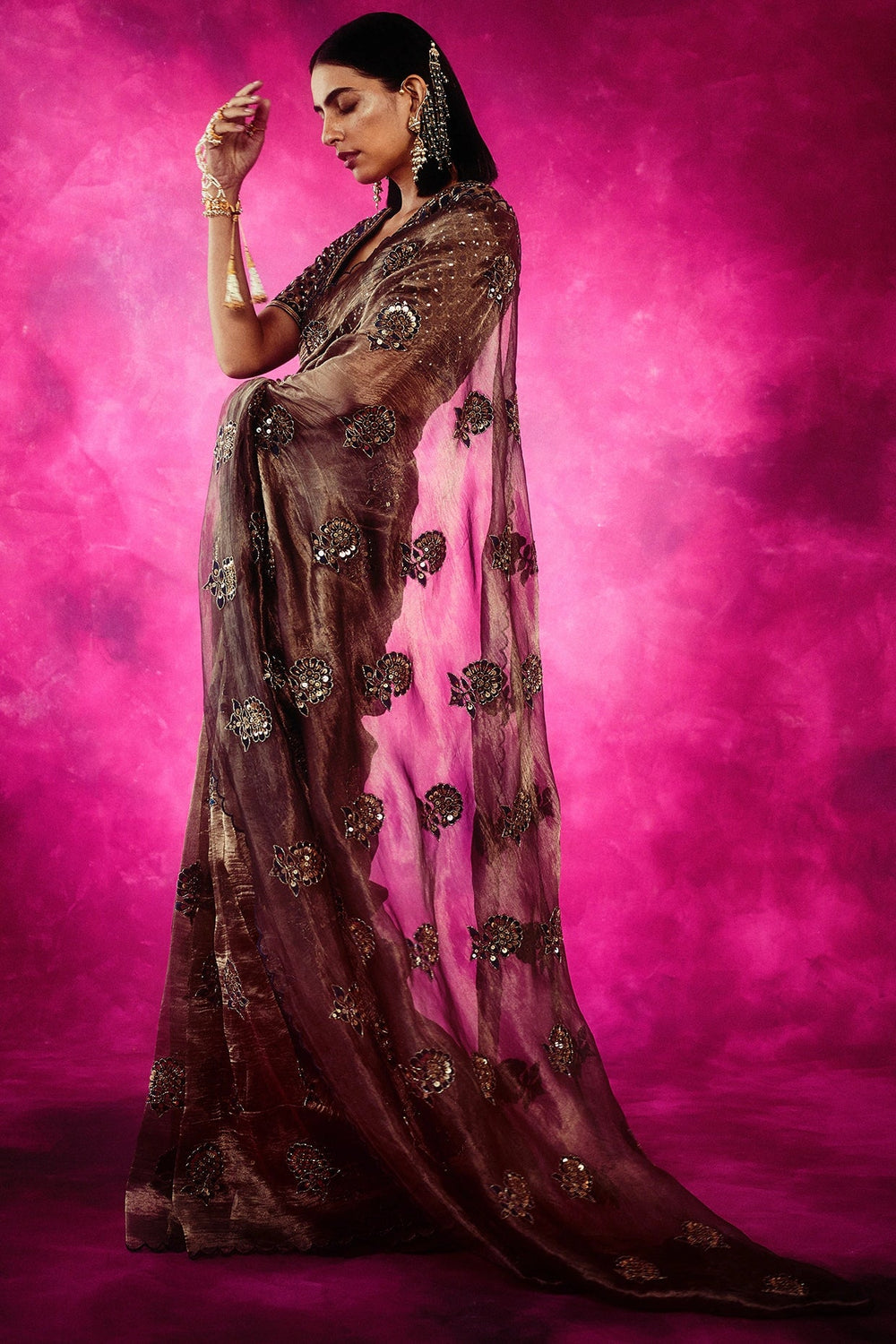 Copper Shimmer Organza Saree Set Vvani by Vani Vats - Fabilicious Fashion