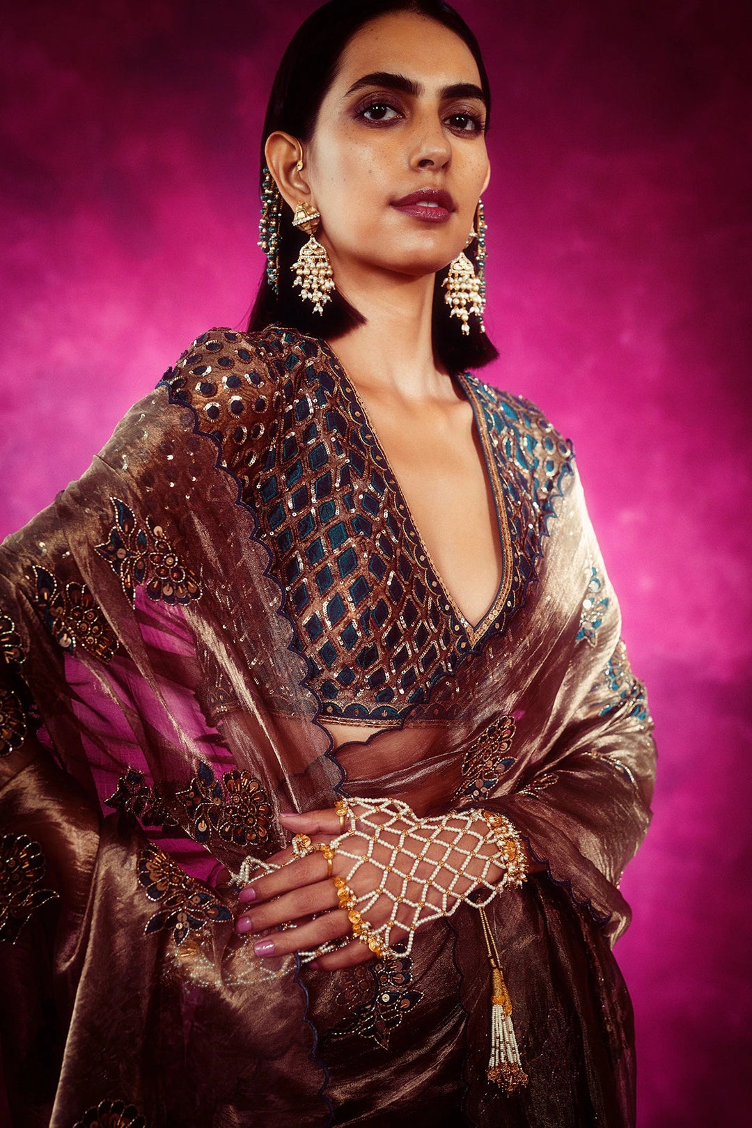 Copper Shimmer Organza Saree Set Vvani by Vani Vats - Fabilicious Fashion