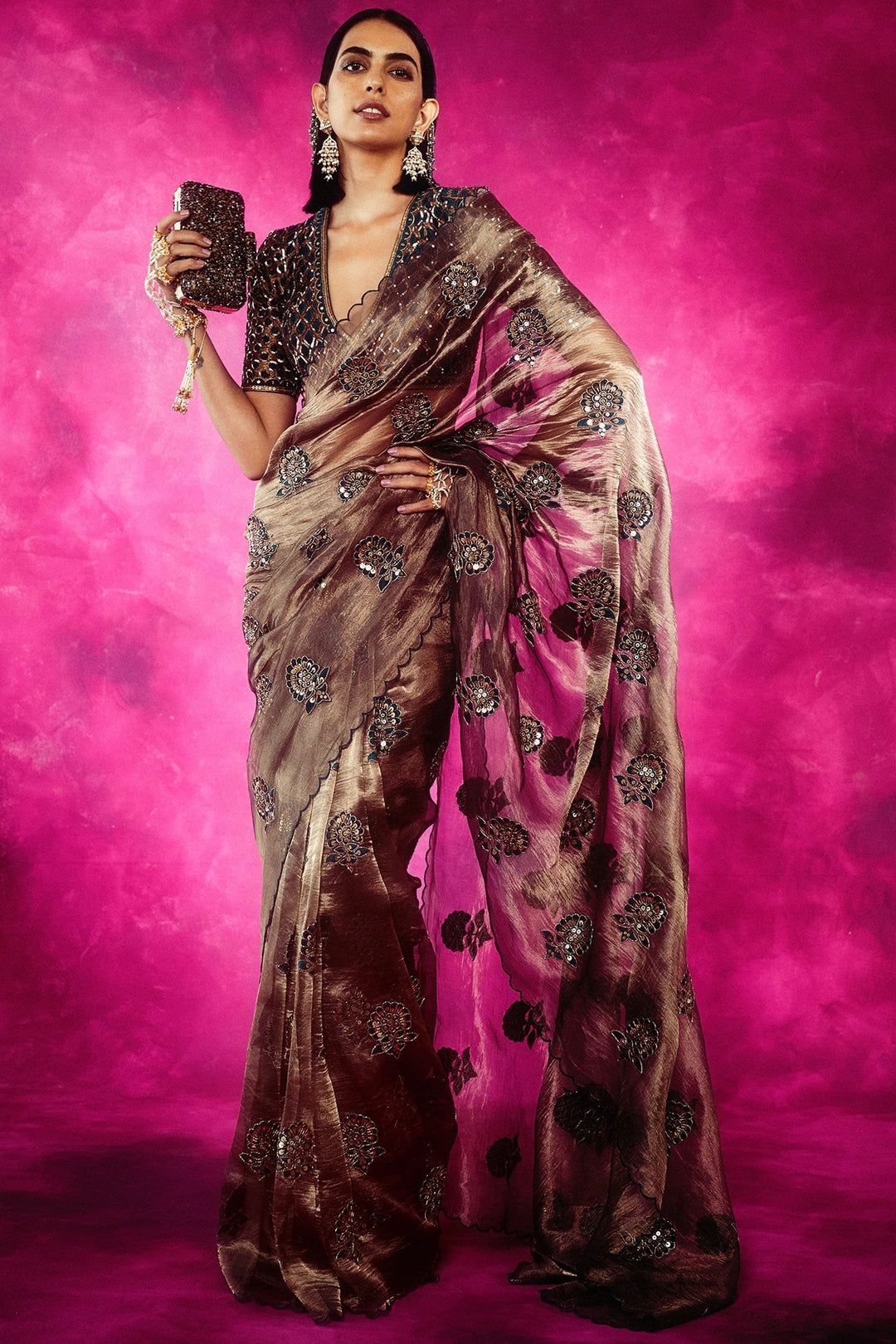 Copper Shimmer Organza Saree Set Vvani by Vani Vats - Fabilicious Fashion