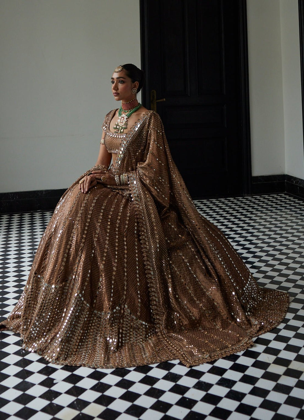 Copper Shimmer Sequins Embroidered Organza Lehenga Set Vvani By Vani Vats - Fabilicious Fashion