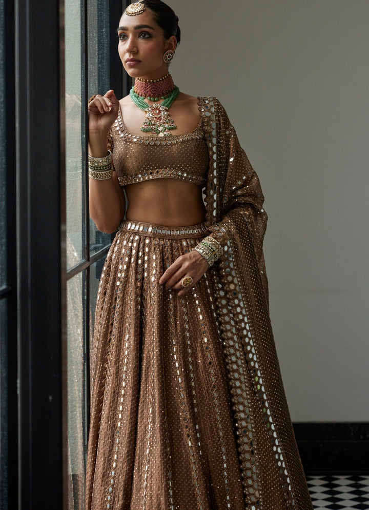 Copper Shimmer Sequins Embroidered Organza Lehenga Set Vvani By Vani Vats - Fabilicious Fashion
