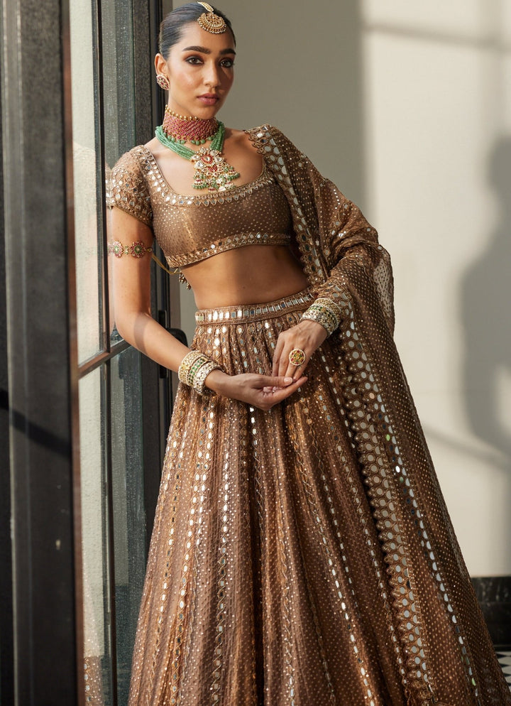 Copper Shimmer Sequins Embroidered Organza Lehenga Set Vvani By Vani Vats - Fabilicious Fashion