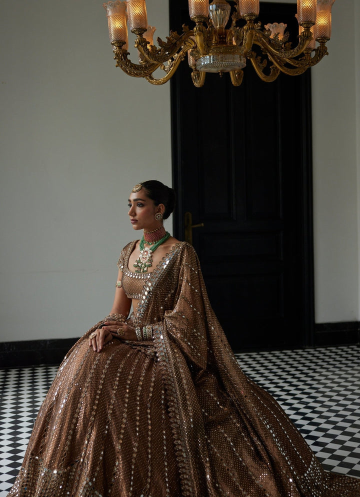 Copper Shimmer Sequins Embroidered Organza Lehenga Set Vvani By Vani Vats - Fabilicious Fashion