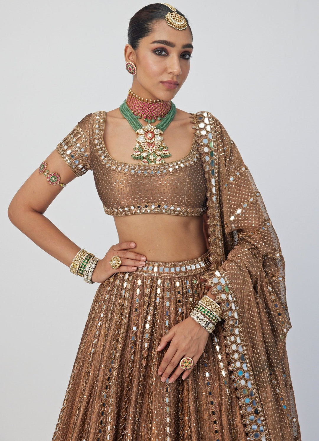 Copper Shimmer Sequins Embroidered Organza Lehenga Set Vvani By Vani Vats - Fabilicious Fashion