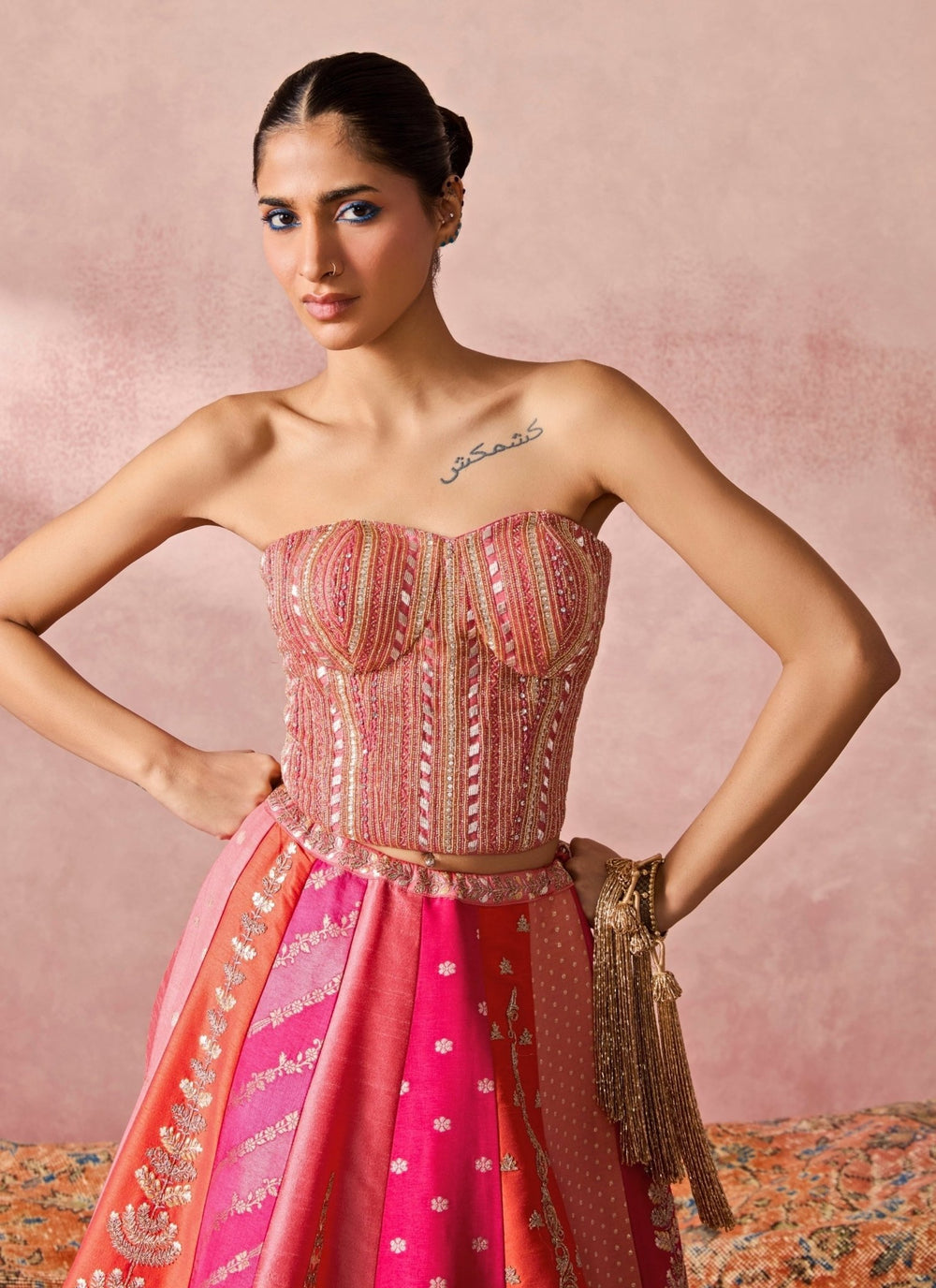 Chamee And Palak Coral And Multicolour Silk Corset Lehenga SetFabilicious Fashion
