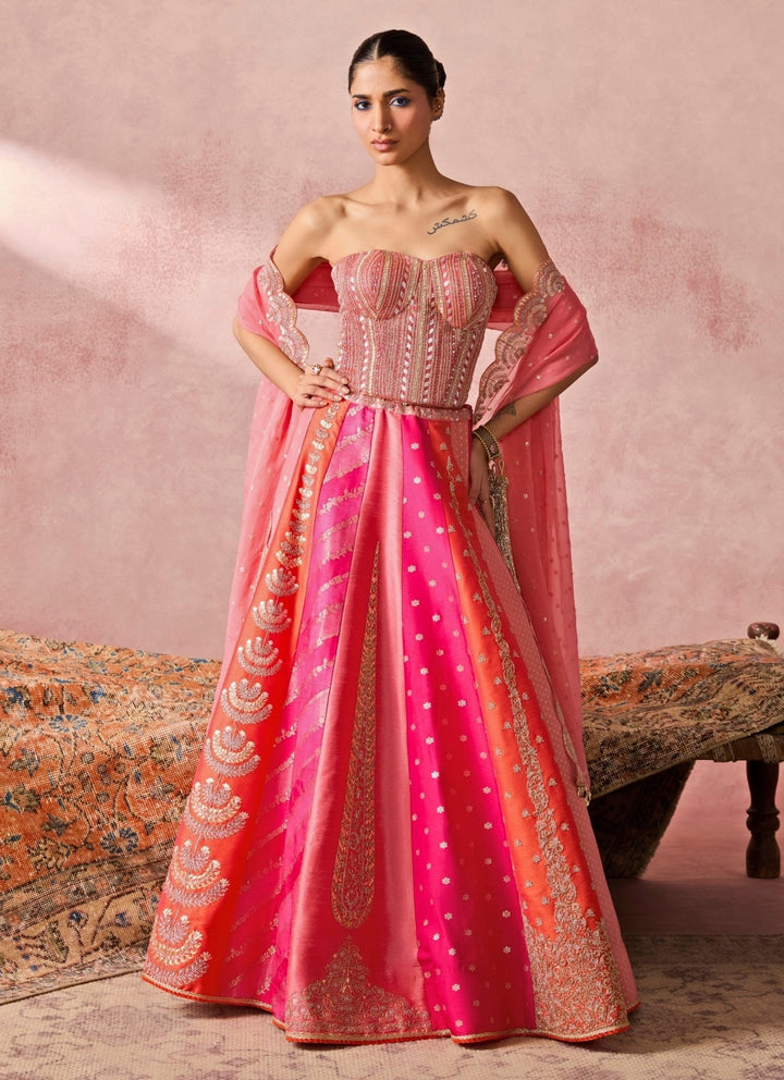Chamee And Palak Coral And Multicolour Silk Corset Lehenga SetFabilicious Fashion