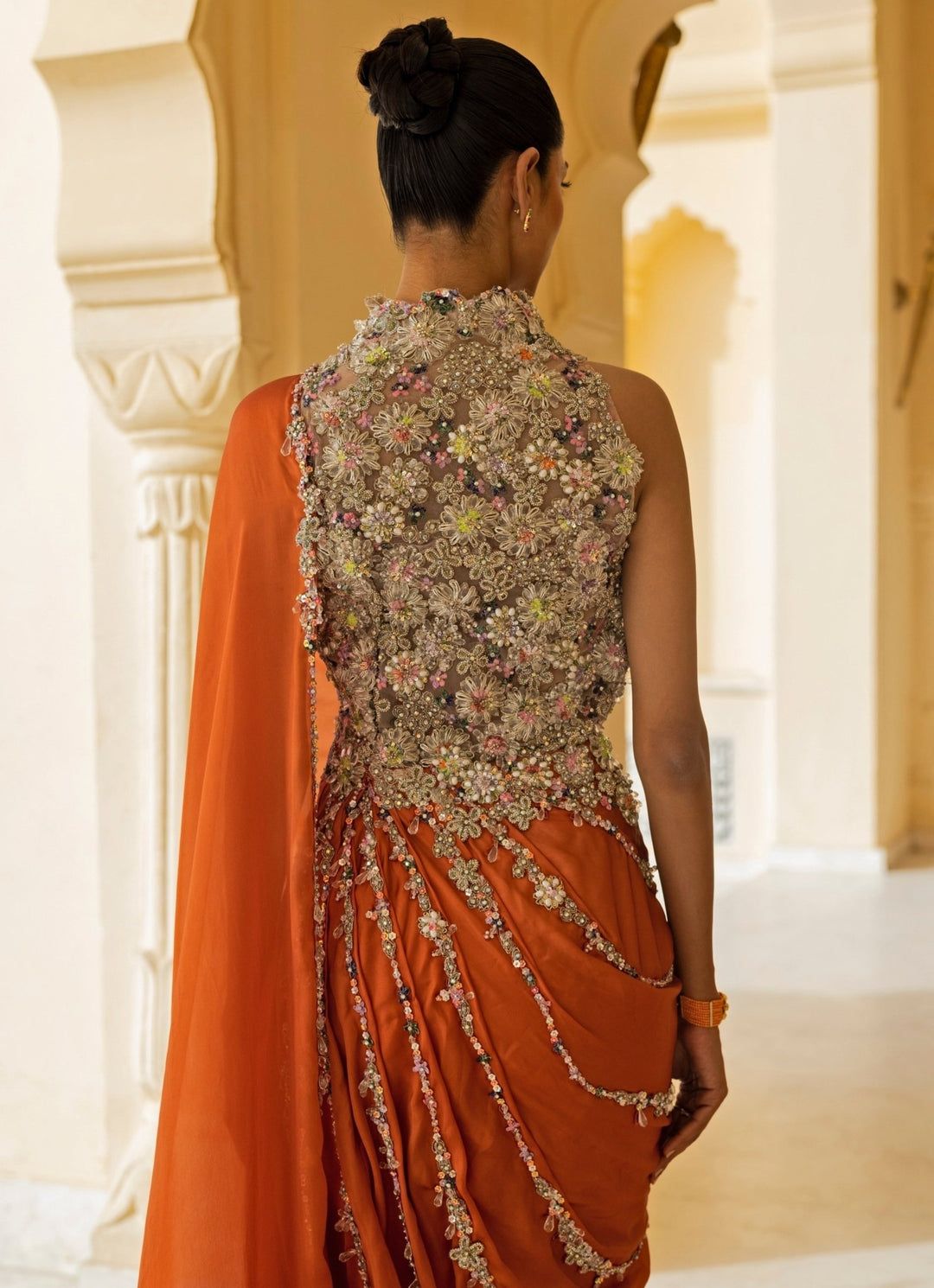 Moledro Coral And Nude Georgette Concept Saree GownFabilicious Fashion