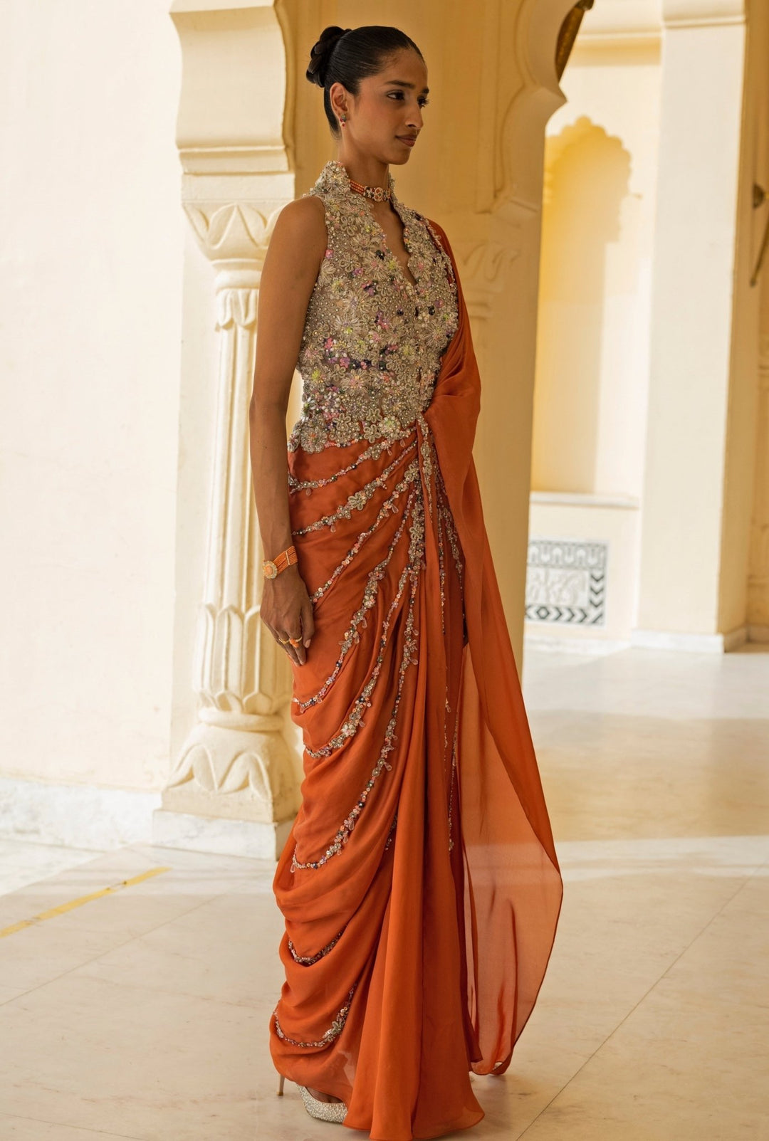 Moledro Coral And Nude Georgette Concept Saree GownFabilicious Fashion