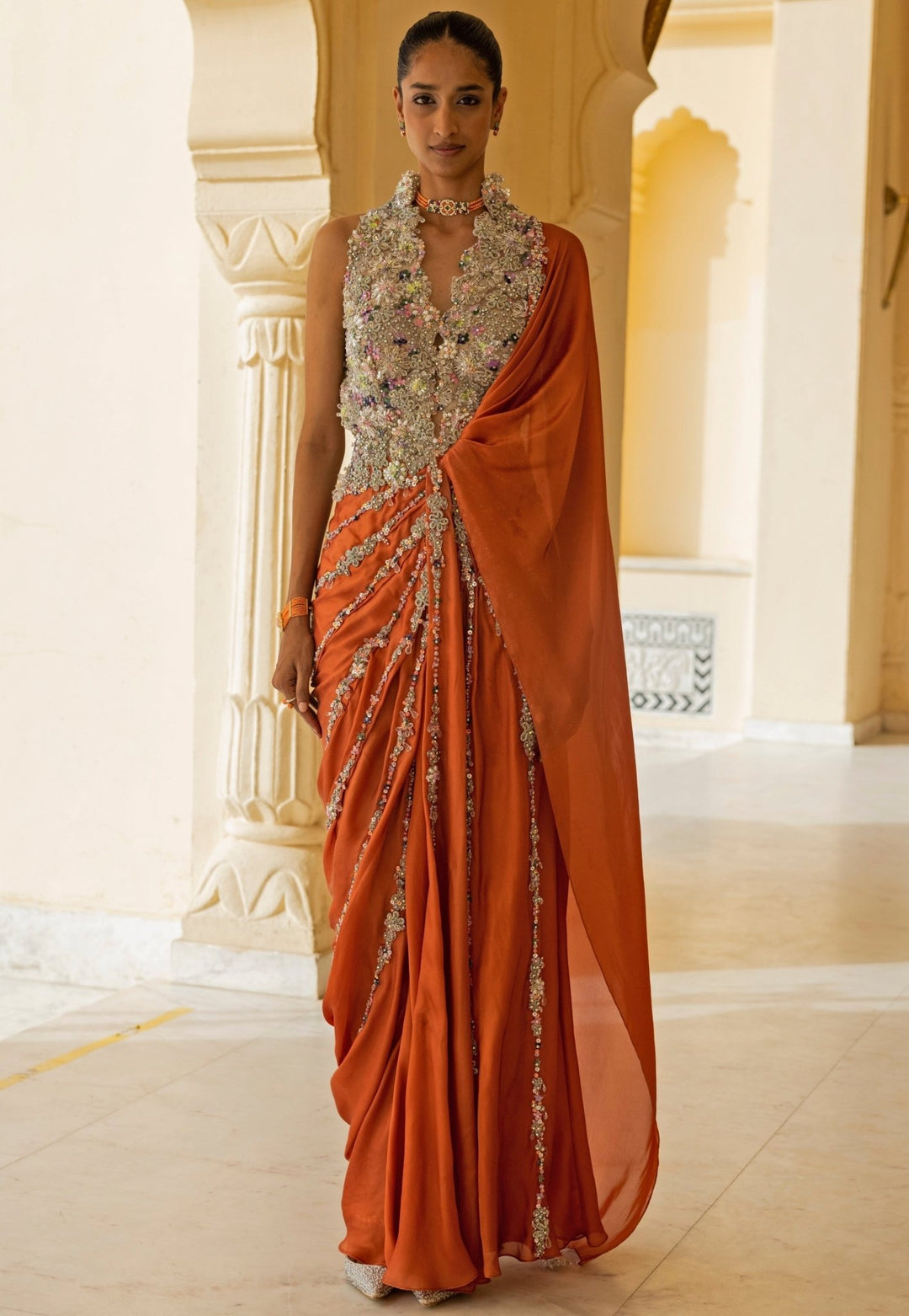 Moledro Coral And Nude Georgette Concept Saree GownFabilicious Fashion