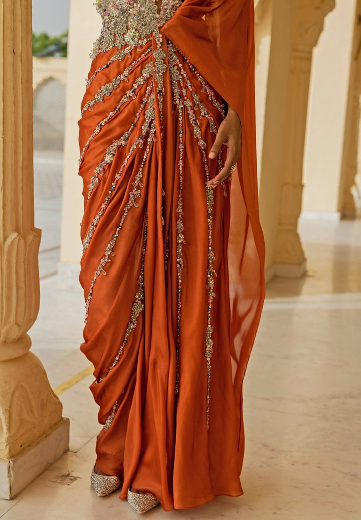 Moledro Coral And Nude Georgette Concept Saree GownFabilicious Fashion