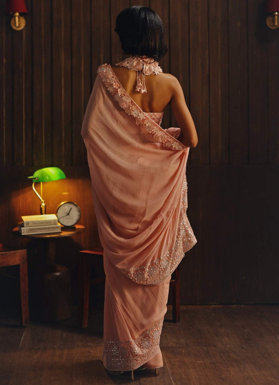 Coral Blush Georgette Saree With Halter Neck Blouse Twenty Nine - Fabilicious Fashion