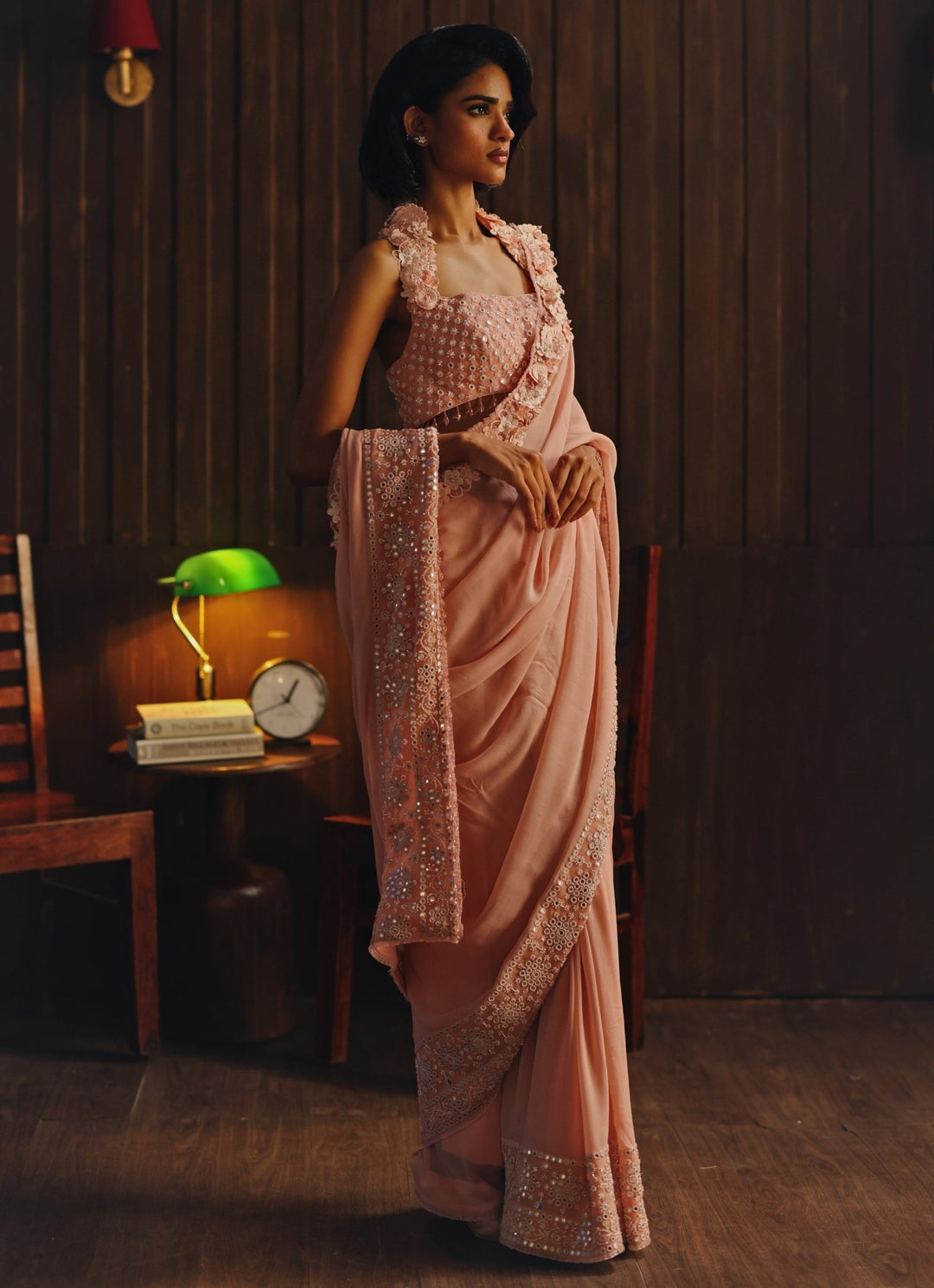 Coral Blush Georgette Saree With Halter Neck Blouse Twenty Nine - Fabilicious Fashion