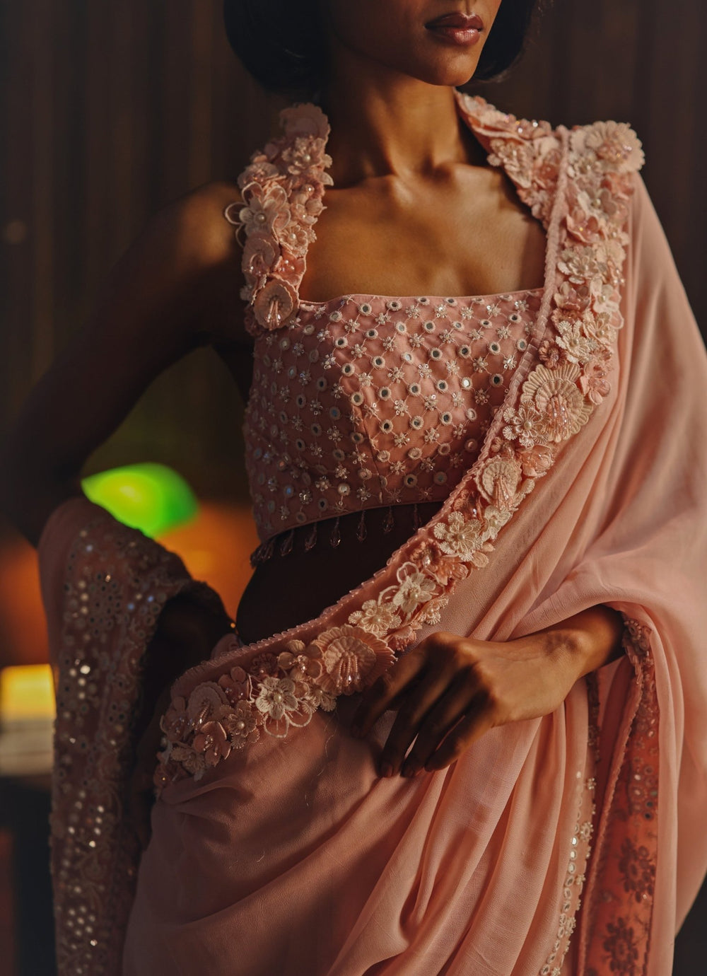 Coral Blush Georgette Saree With Halter Neck Blouse Twenty Nine - Fabilicious Fashion