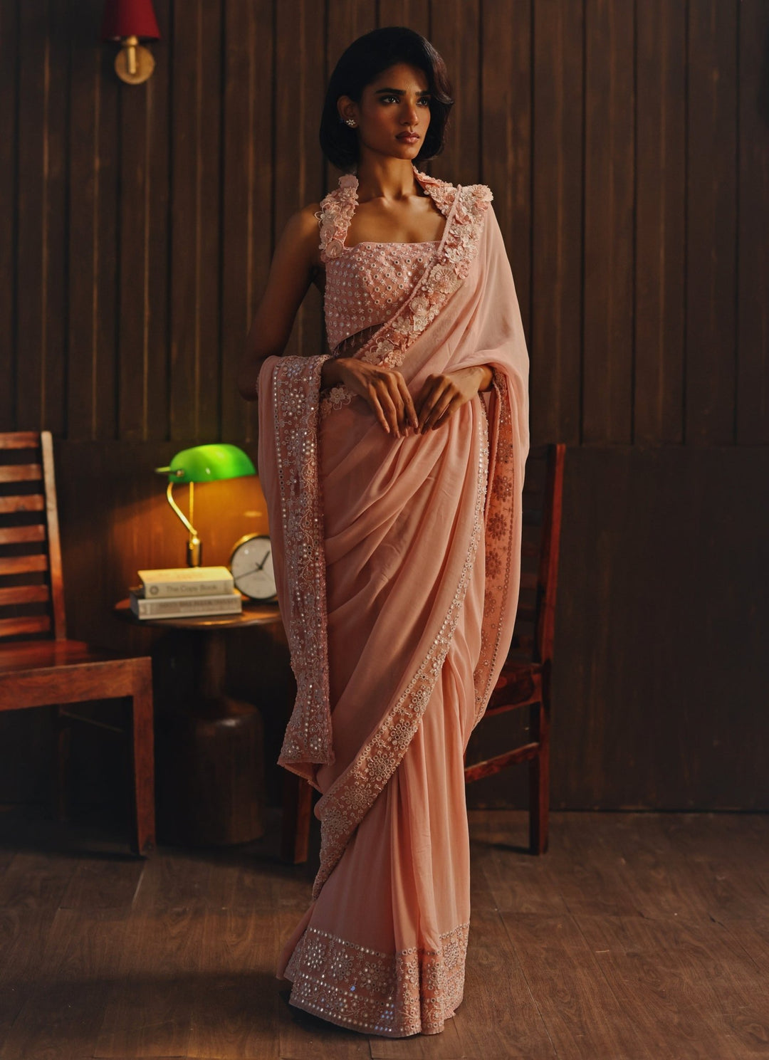 Coral Blush Georgette Saree With Halter Neck Blouse Twenty Nine - Fabilicious Fashion