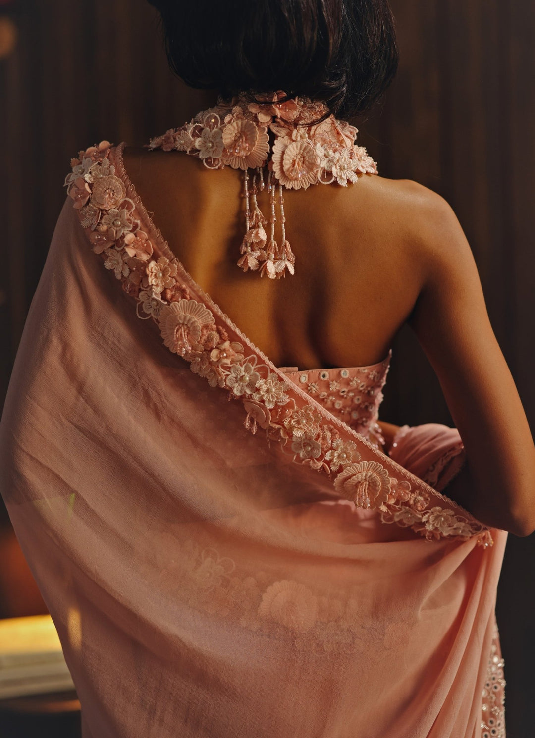 Coral Blush Georgette Saree With Halter Neck Blouse Twenty Nine - Fabilicious Fashion