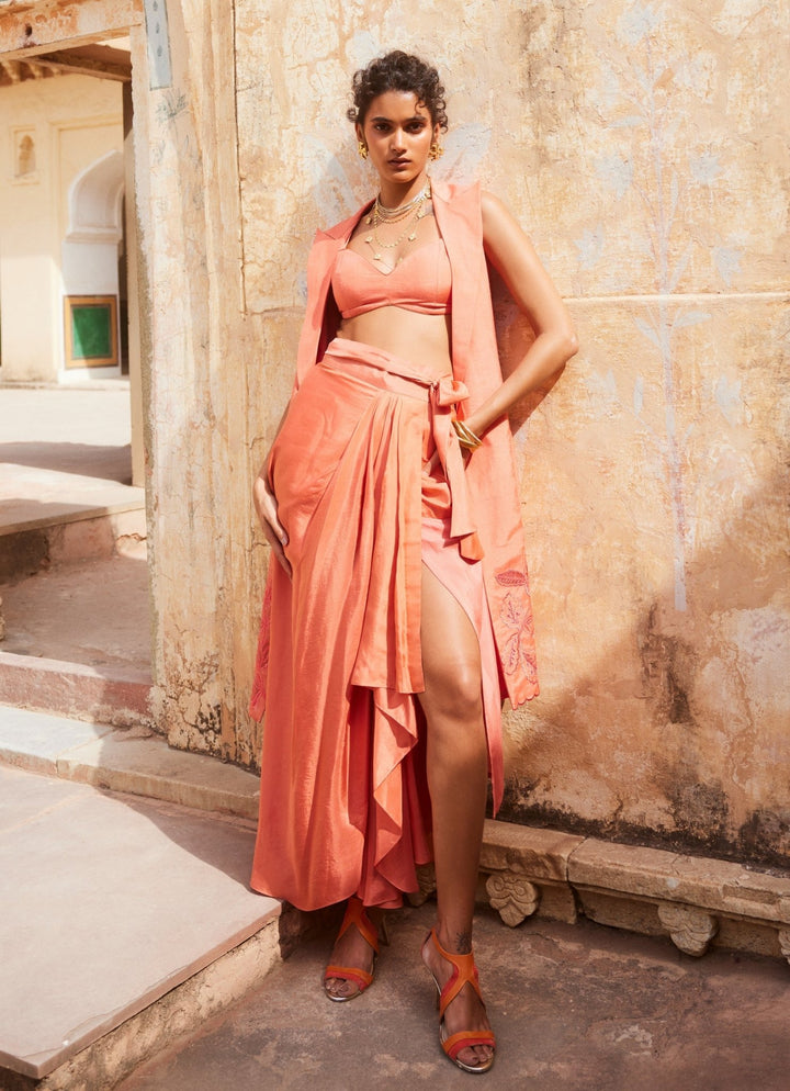 Coral Drape Skirt Set With Jacket Paulmi and Harsh - Fabilicious Fashion