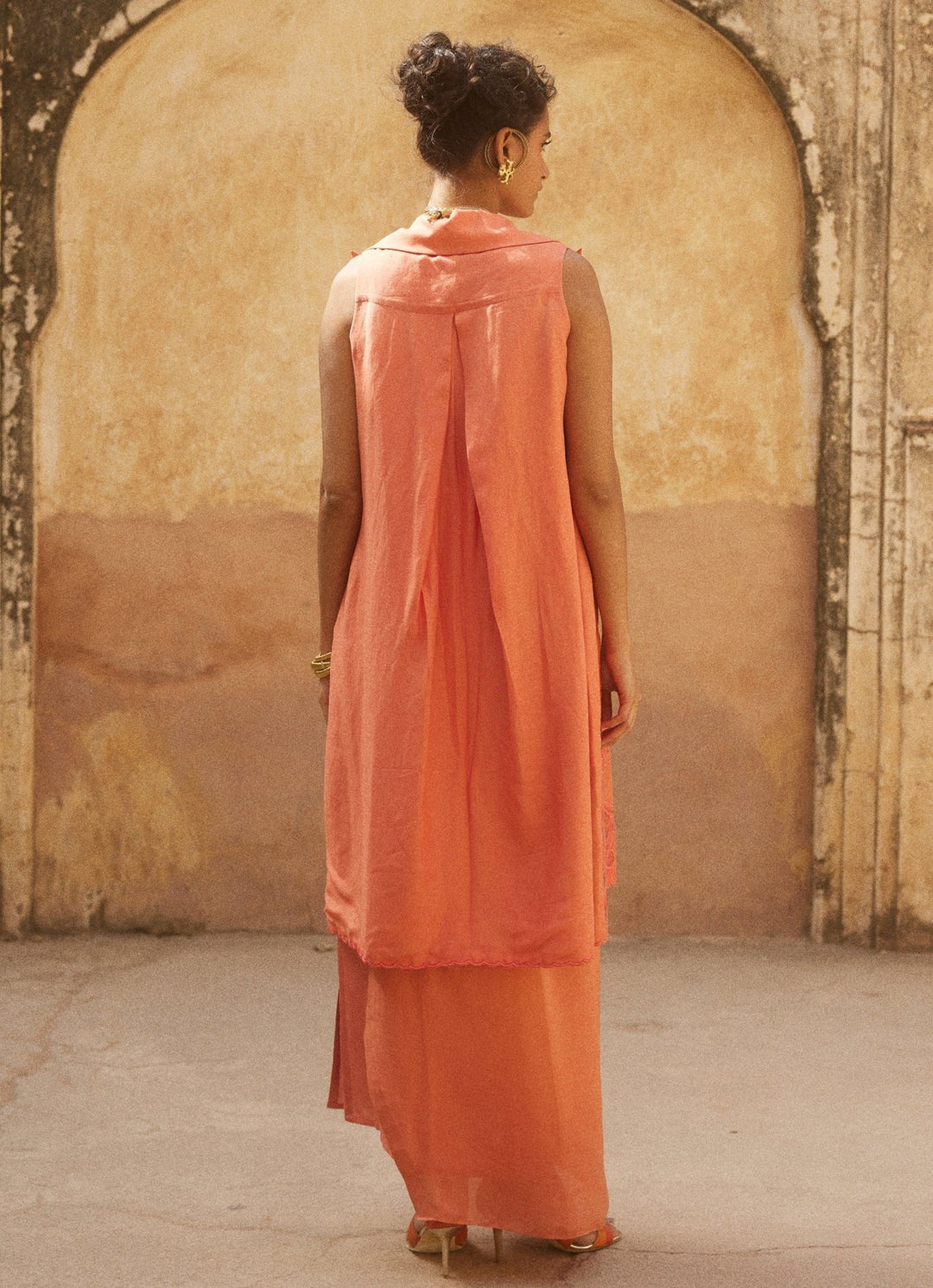 Coral Drape Skirt Set With Jacket Paulmi and Harsh - Fabilicious Fashion