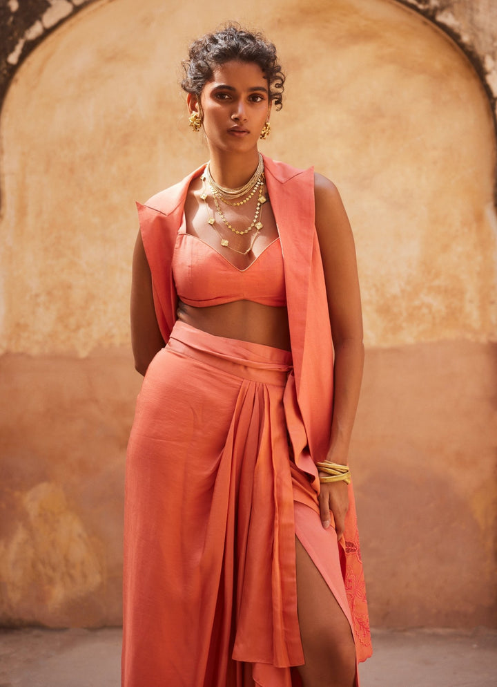 Coral Drape Skirt Set With Jacket Paulmi and Harsh - Fabilicious Fashion