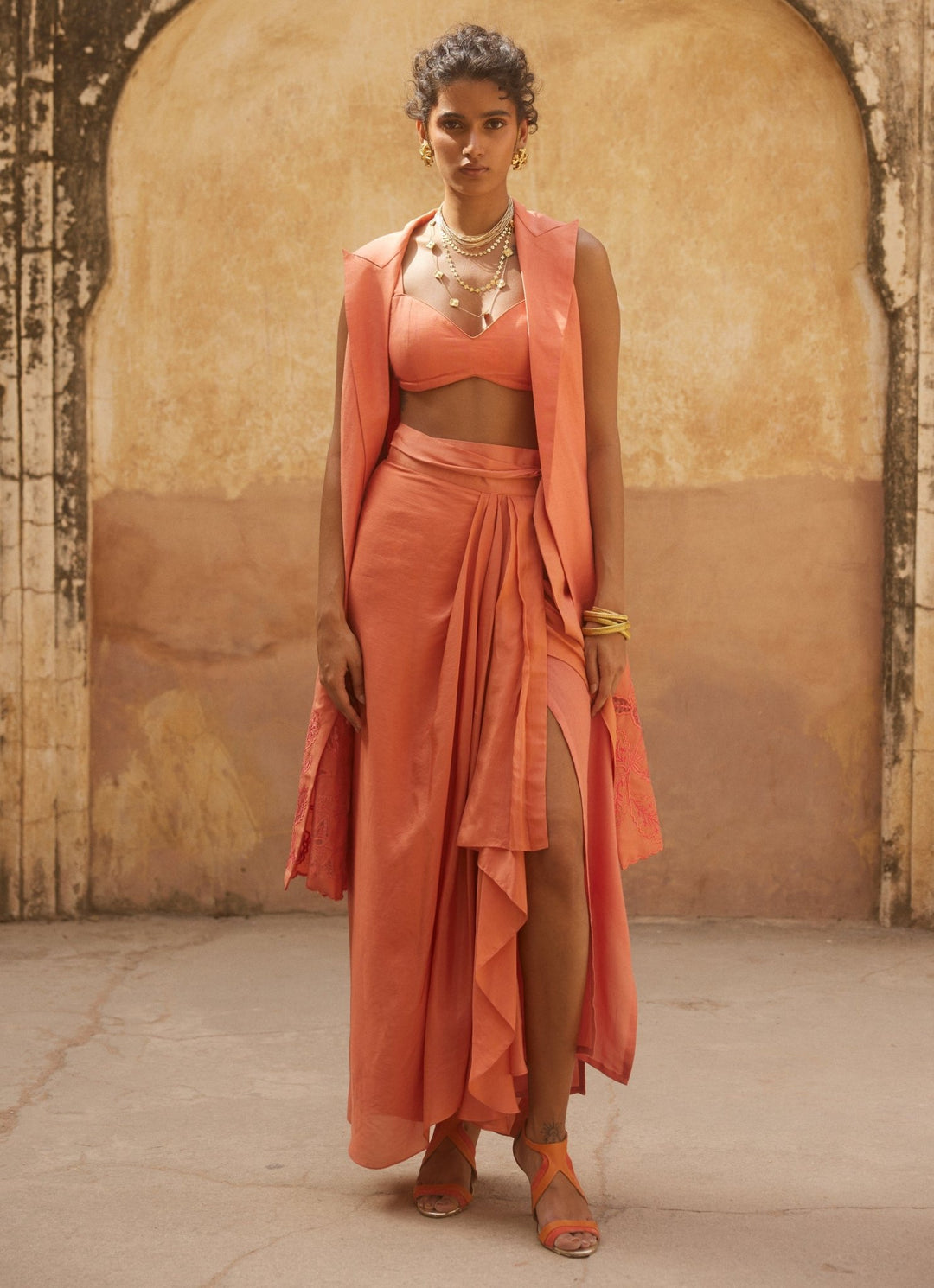 Coral Drape Skirt Set With Jacket Paulmi and Harsh - Fabilicious Fashion