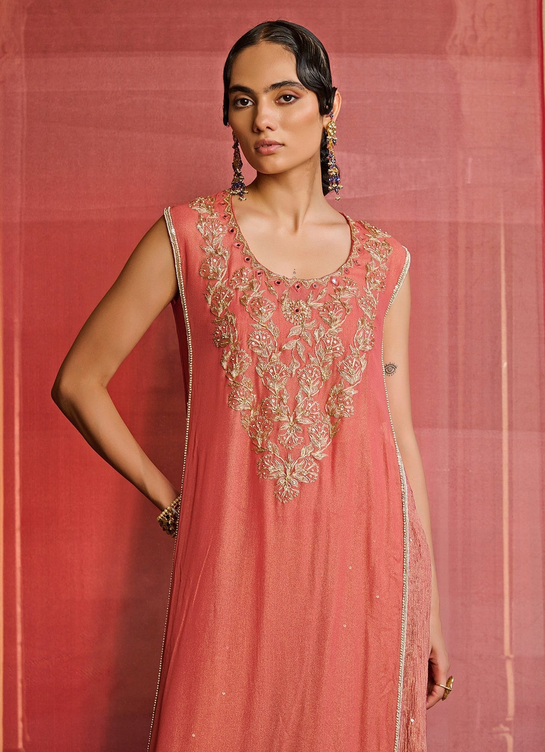 Coral Embroidered Georgette Kurta Set Zoon Tribe - Fabilicious Fashion