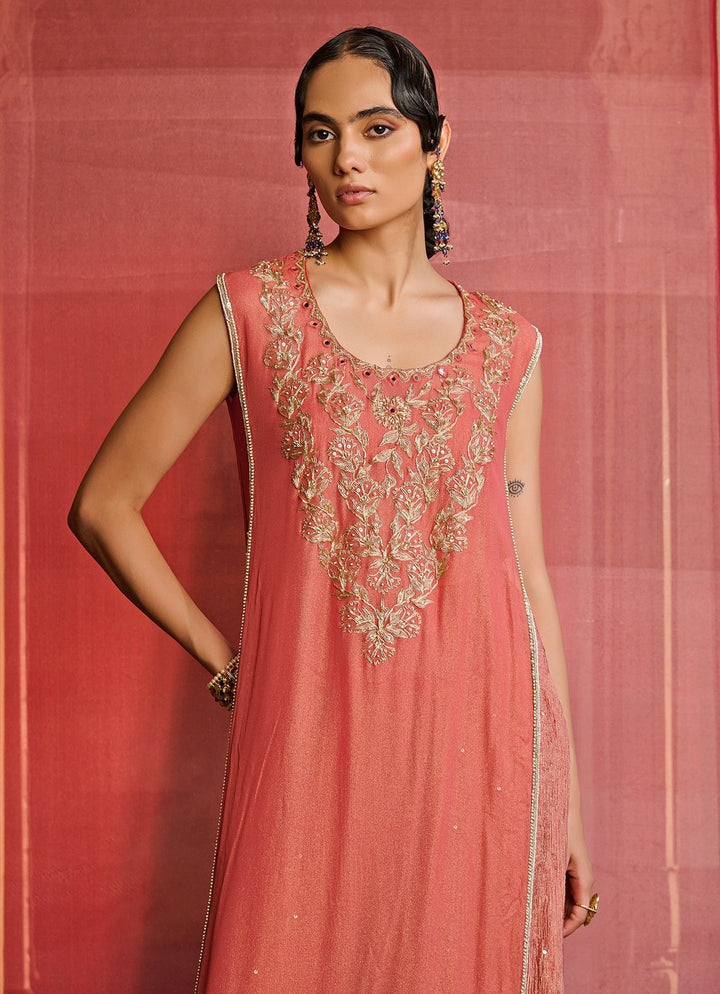 Coral Embroidered Georgette Kurta Set Zoon Tribe - Fabilicious Fashion