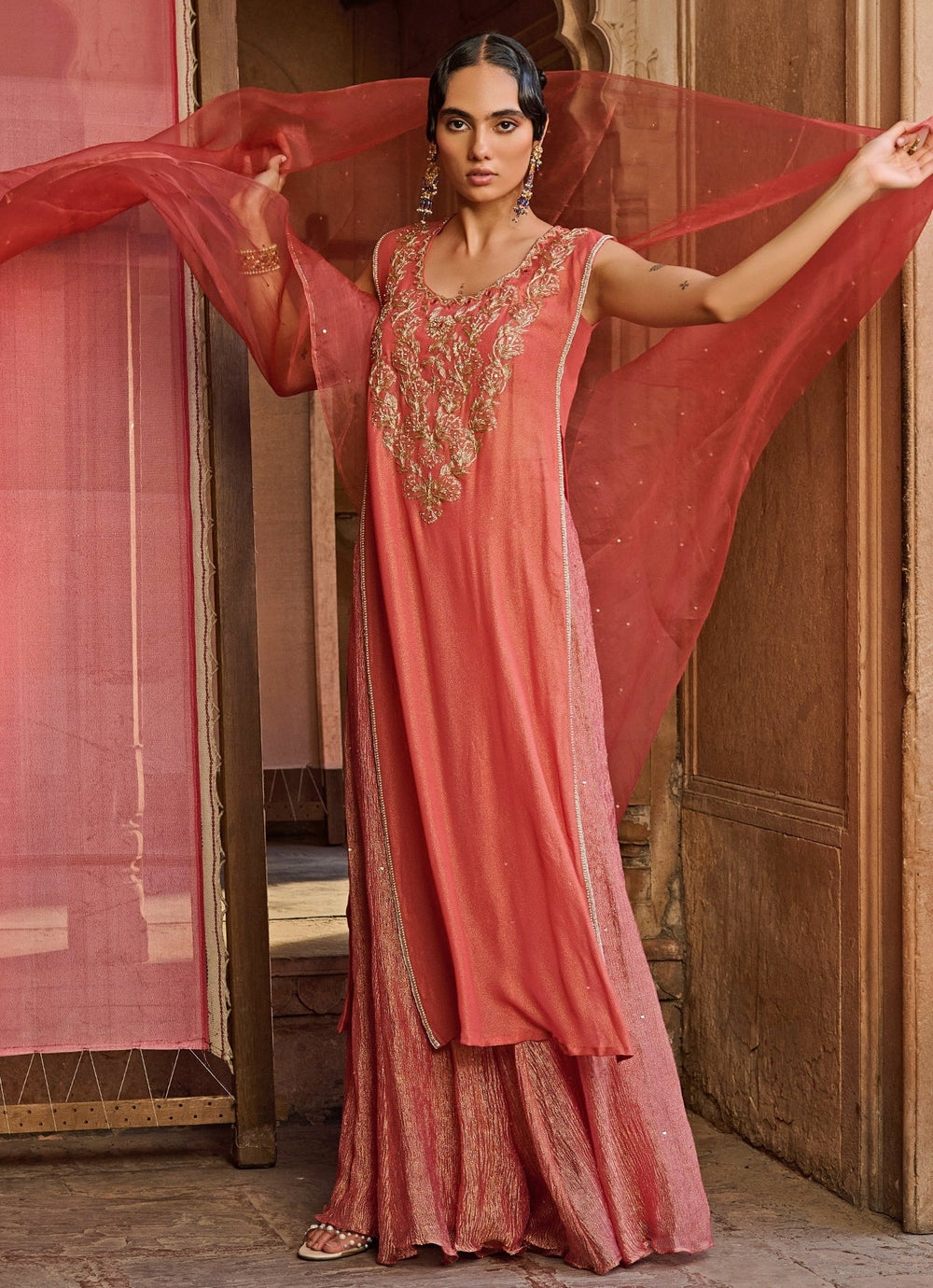 Coral Embroidered Georgette Kurta Set Zoon Tribe - Fabilicious Fashion
