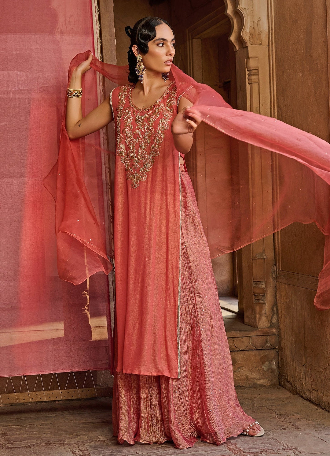 Coral Embroidered Georgette Kurta Set Zoon Tribe - Fabilicious Fashion
