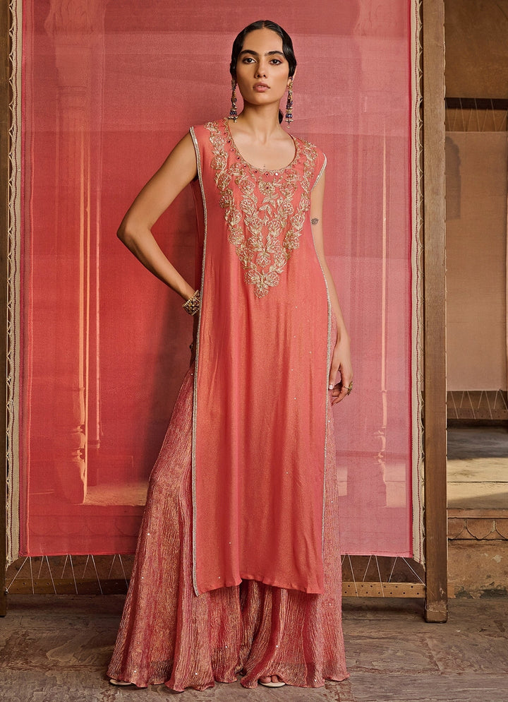 Coral Embroidered Georgette Kurta Set Zoon Tribe - Fabilicious Fashion