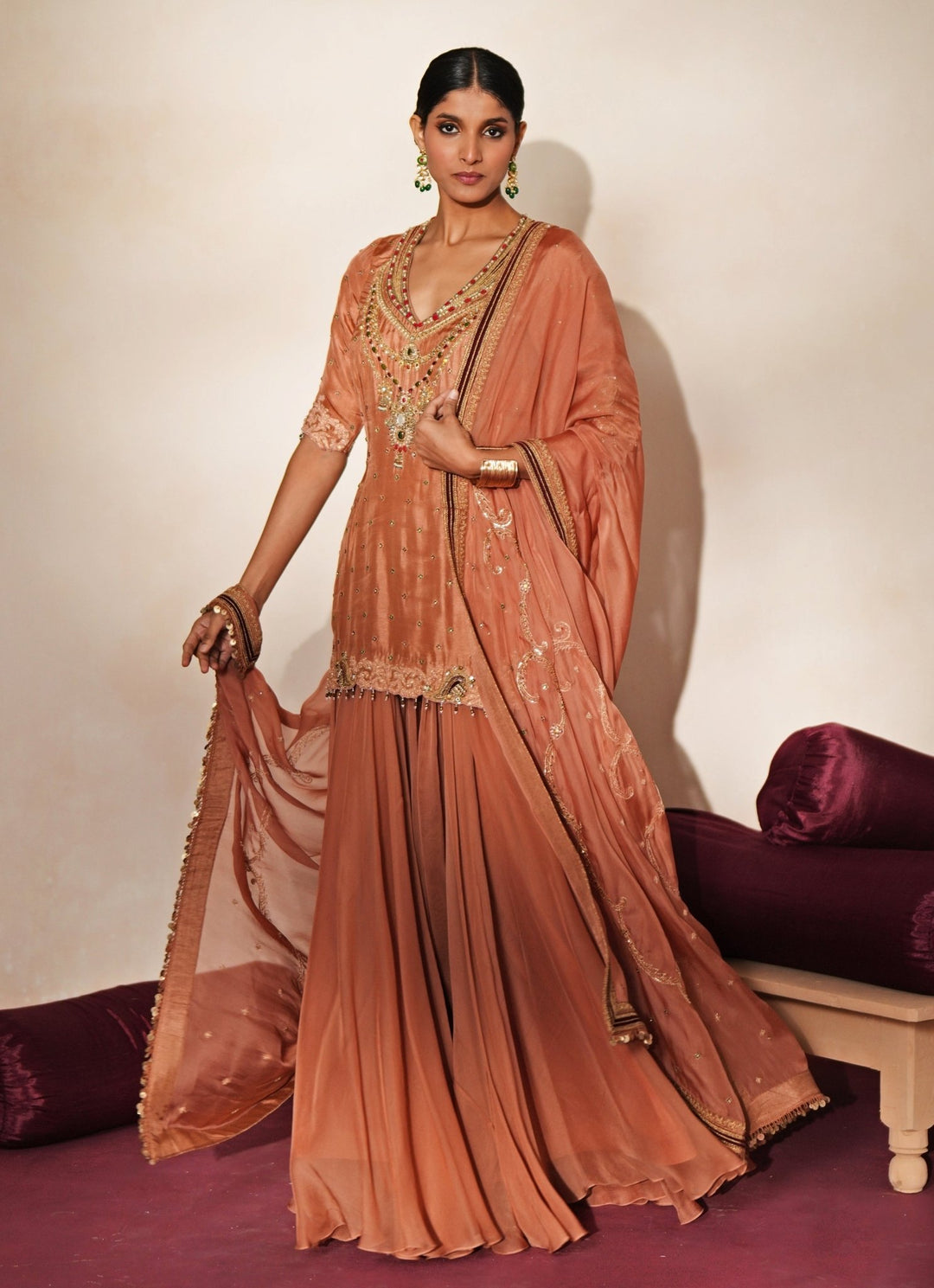 Coral Embroidered Organza Kurta Sharara Set Isha Gupta Tayal - Fabilicious Fashion