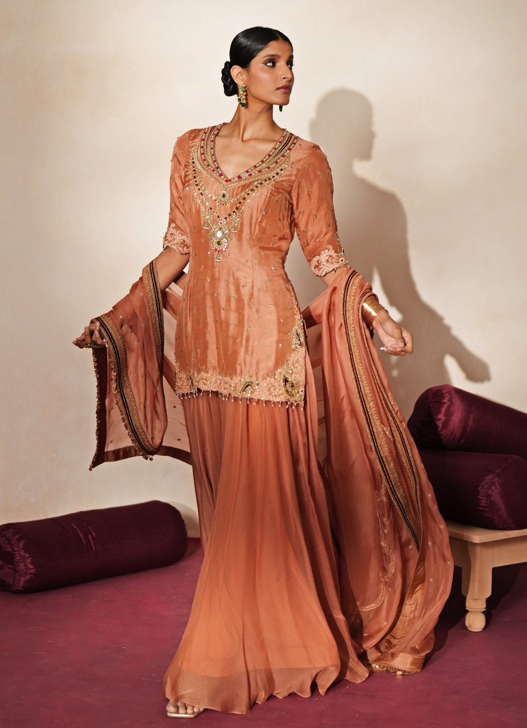 Coral Embroidered Organza Kurta Sharara Set Isha Gupta Tayal - Fabilicious Fashion