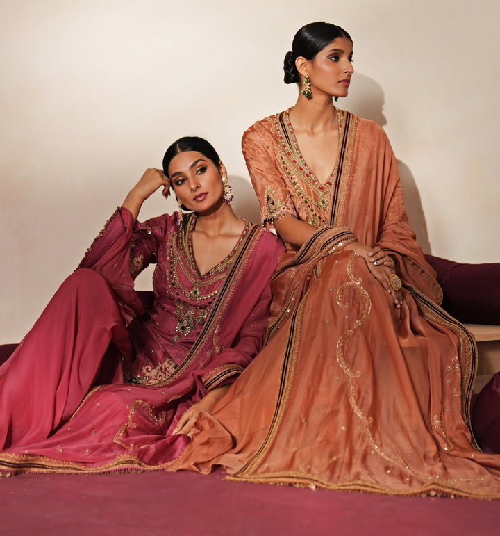 Coral Embroidered Organza Kurta Sharara Set Isha Gupta Tayal - Fabilicious Fashion