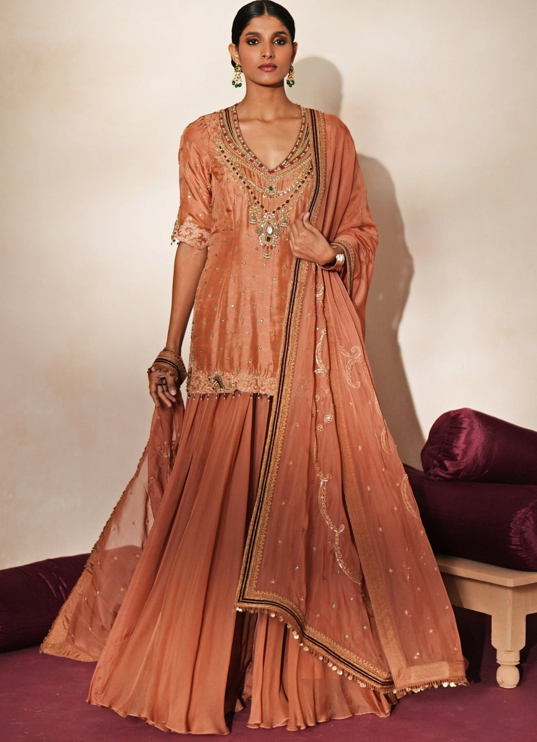 Coral Embroidered Organza Kurta Sharara Set Isha Gupta Tayal - Fabilicious Fashion