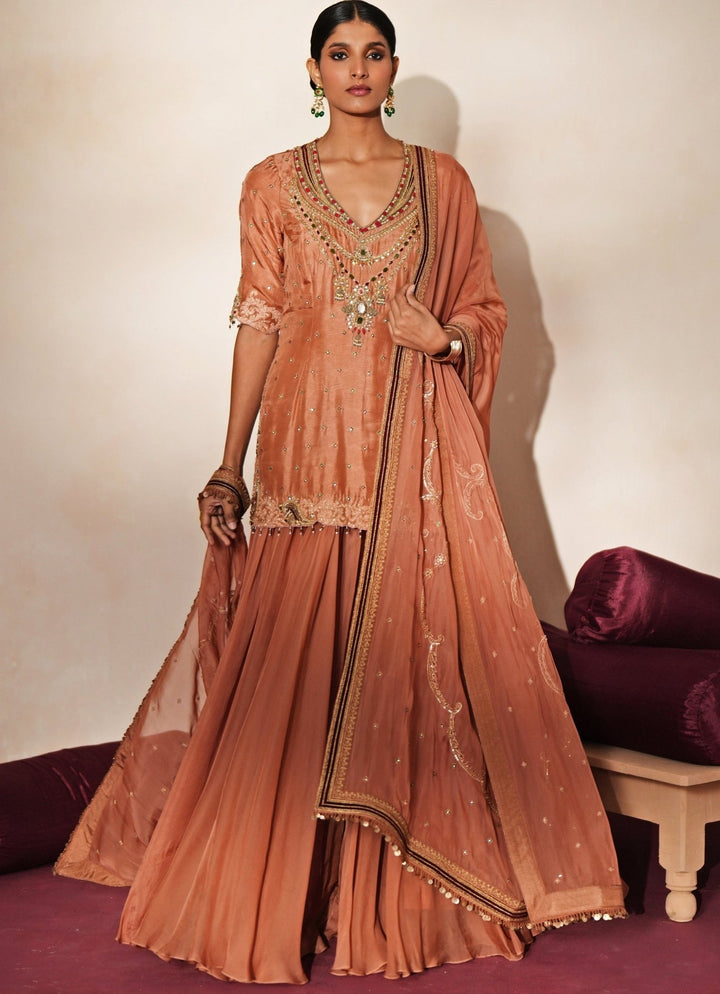 Coral Embroidered Organza Kurta Sharara Set Isha Gupta Tayal - Fabilicious Fashion