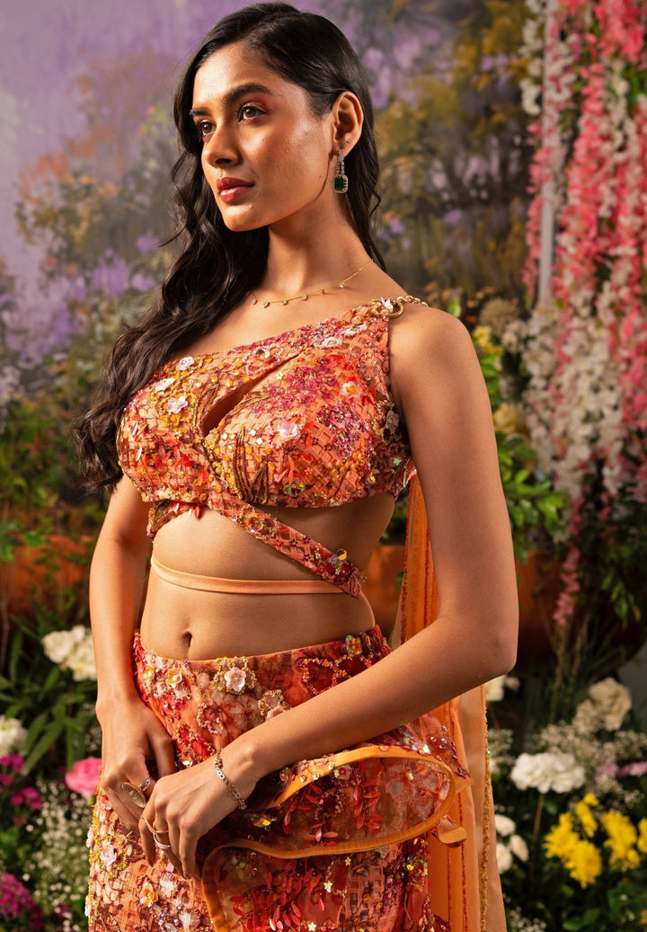 Coral Embroidered Organza Skirt Saree With One - Shoulder Blouse Moledro - Fabilicious Fashion