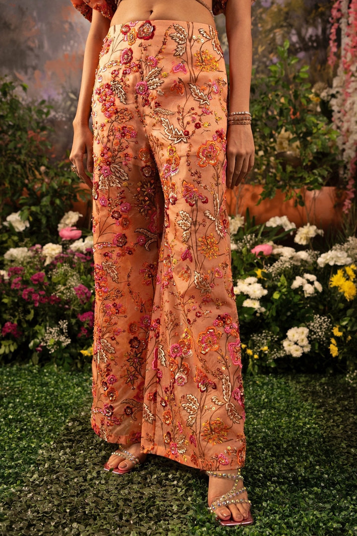 Coral Floral Embroidered Organza Co Ord Set Moledro - Fabilicious Fashion
