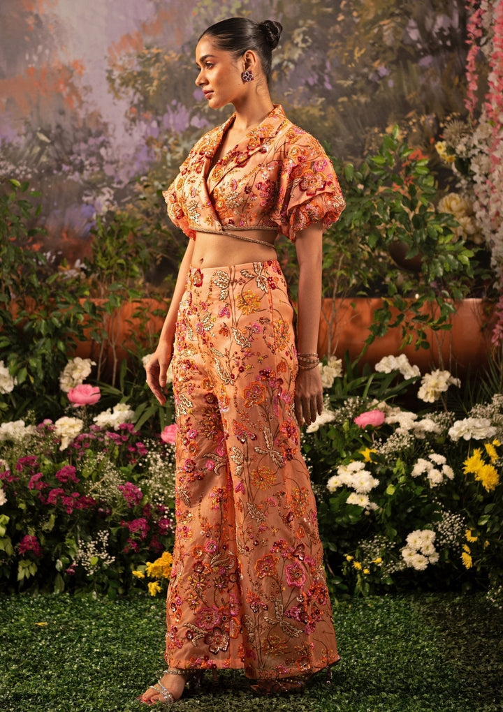 Coral Floral Embroidered Organza Co Ord Set Moledro - Fabilicious Fashion