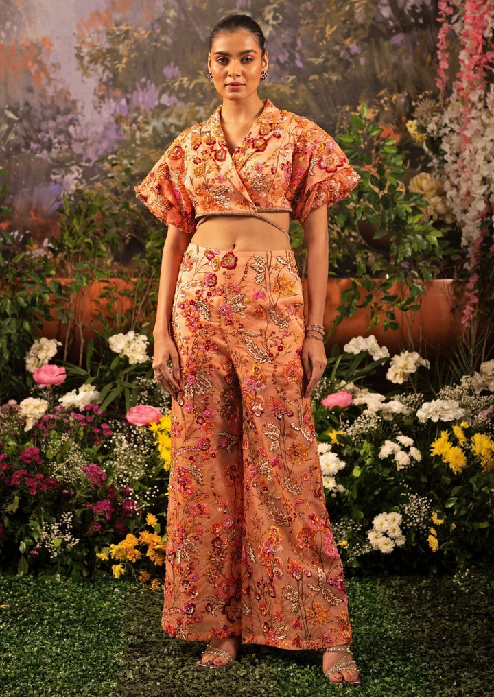 Coral Floral Embroidered Organza Co Ord Set Moledro - Fabilicious Fashion